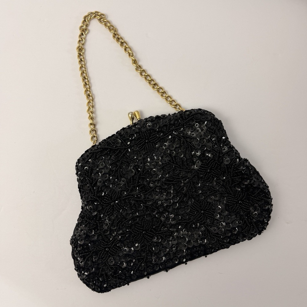 Vintage Hong Kong Black Beaded Sequin Evening Bag Gold Chain Purse
